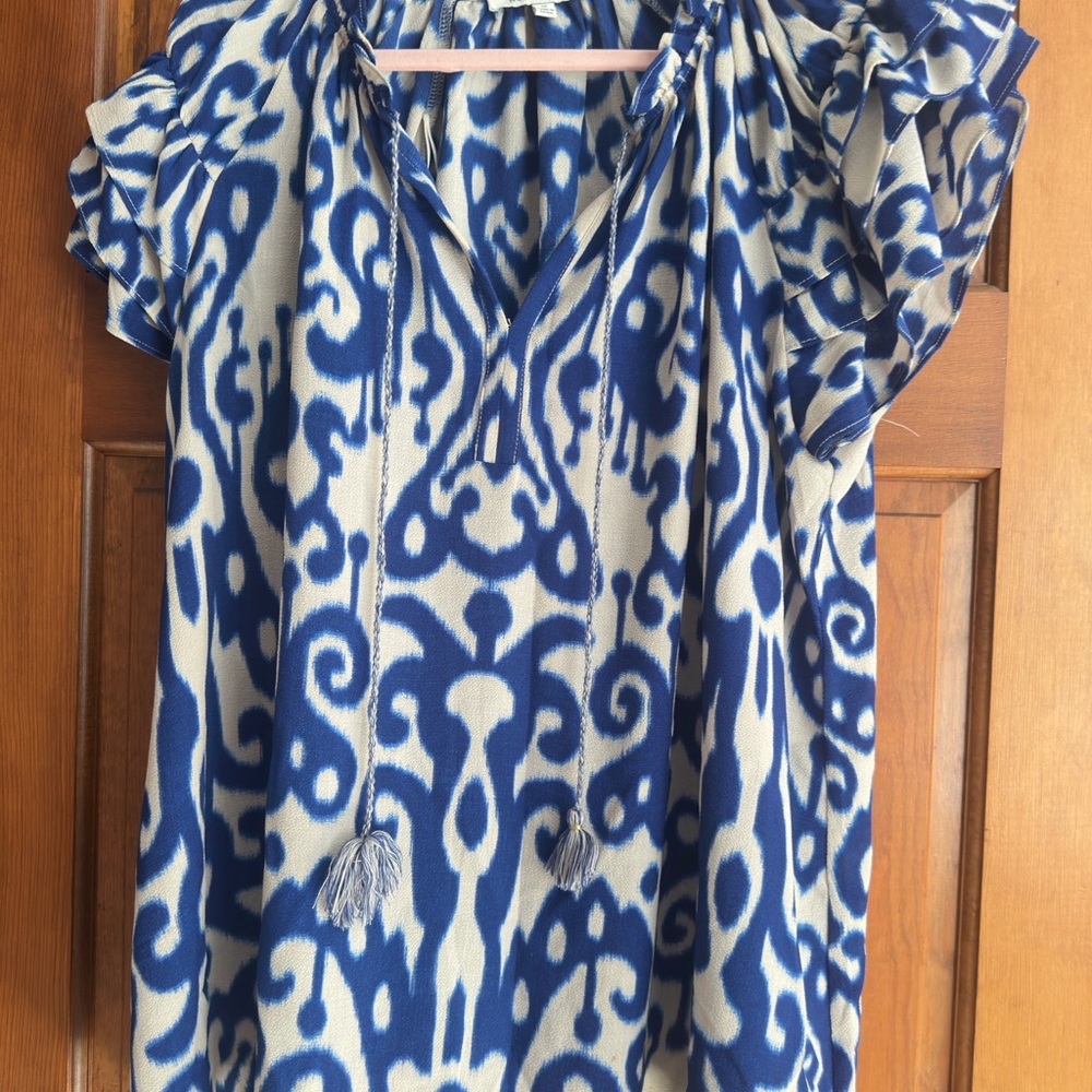 Rose & Olive Blue and White Ikat Tassel Tie Tunic